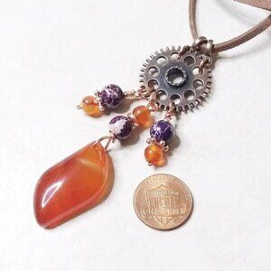 Snazzy! Orange Agate Purple Sea Sediment Jasper Copper Steampunk Suede Necklace